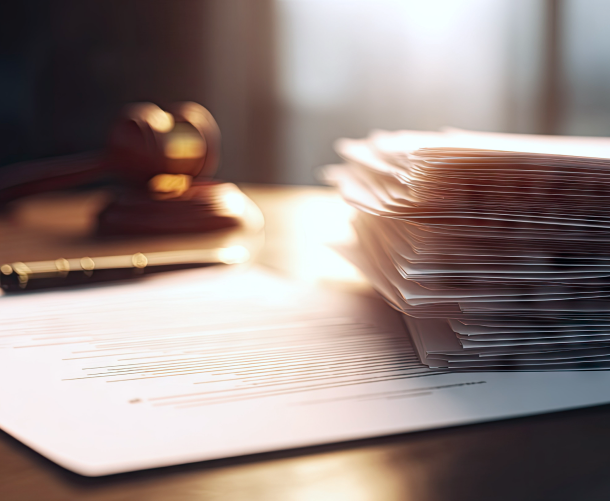 Documents and gavel on a desk